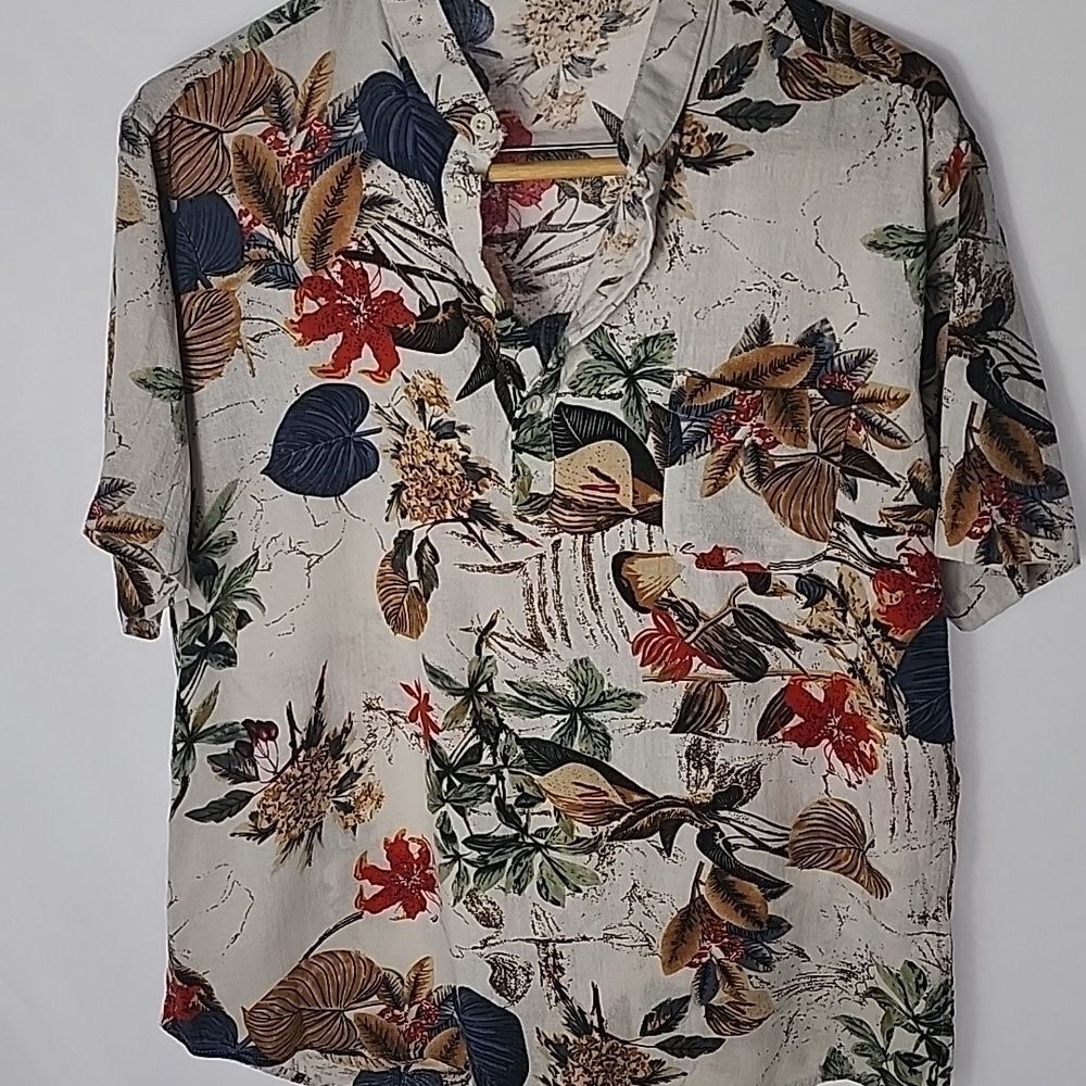 Coofandy Cotton Linen Blend Size L Men's Short Sleeve Tropical Henley